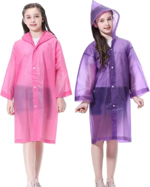 Kids Rain Poncho 2 Pack, Reusable Raincoat Rain Jackets for 6-14 Girls Boys