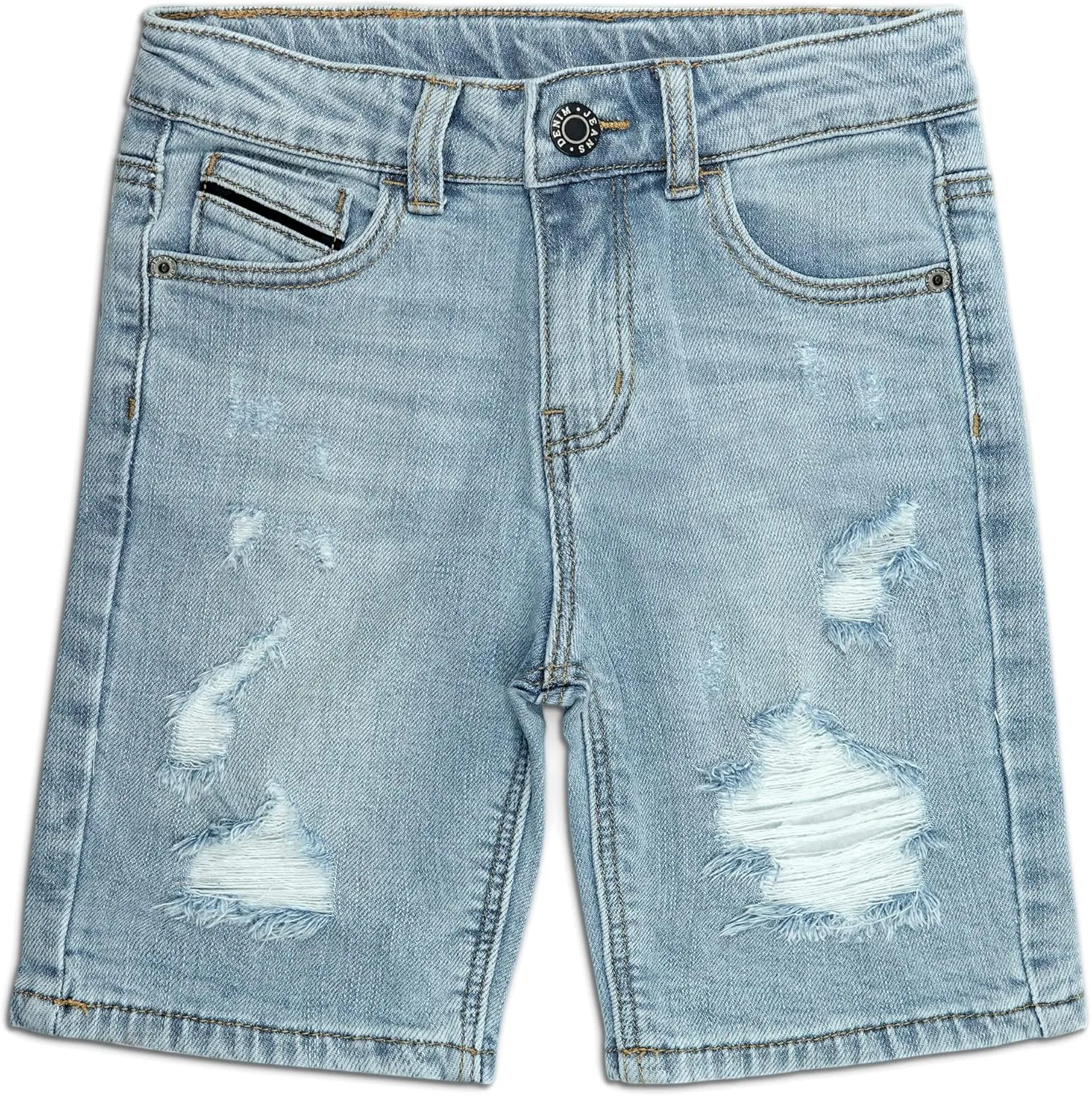 KIDSCOOL SPACE Boys Slim Fit Mid-Thigh Denim Shorts, Ripped Soft Elastic Band Inside Half Jean Pants