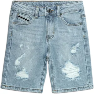 KIDSCOOL SPACE Boys Slim Fit Mid-Thigh Denim Shorts, Ripped Soft Elastic Band Inside Half Jean Pants