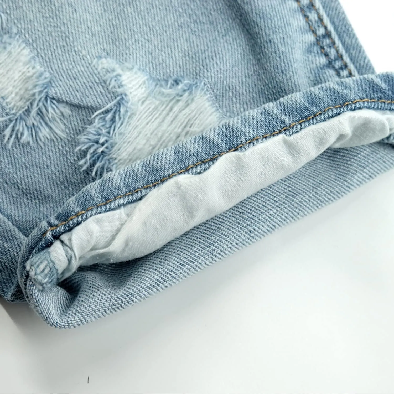 KIDSCOOL SPACE Boys Slim Fit Mid-Thigh Denim Shorts, Ripped Soft Elastic Band Inside Half Jean Pants
