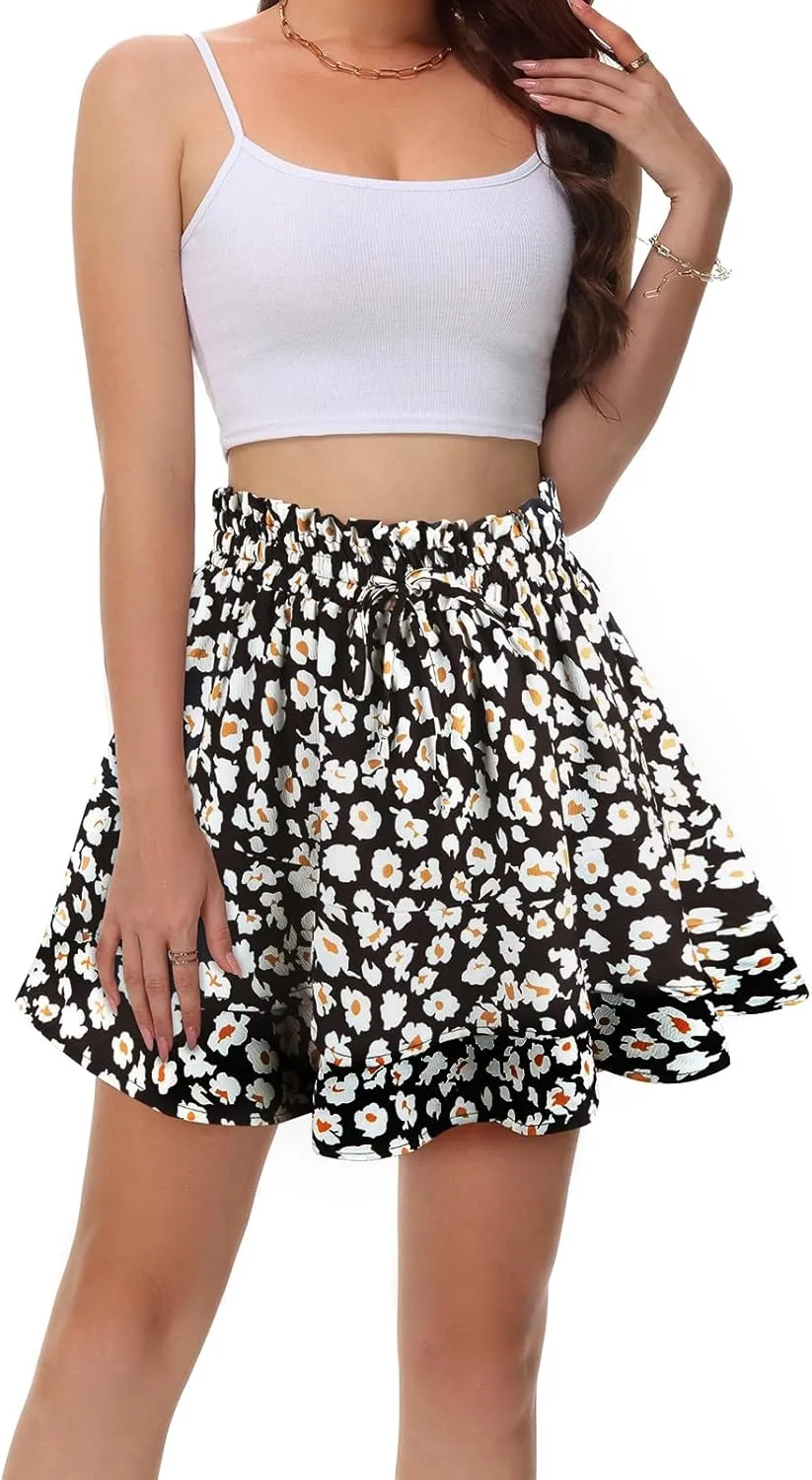 Kimmery Women's Boho Ruffle Skirt Floral Tiered Mini Skirts with Shorts Underneath