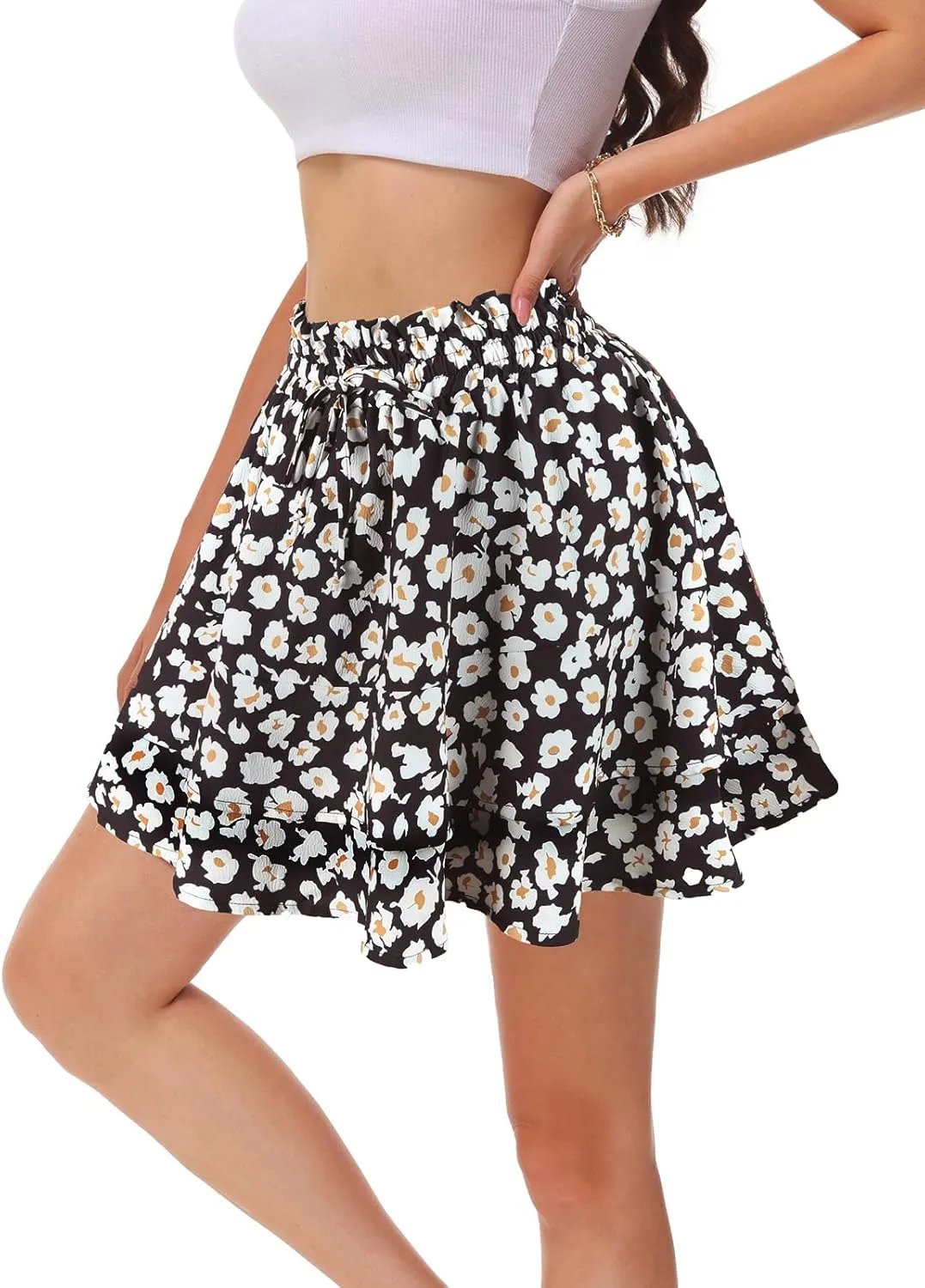 Kimmery Women's Boho Ruffle Skirt Floral Tiered Mini Skirts with Shorts Underneath