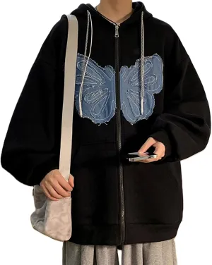 KMBANGI Women Y2K Zip Up Hoodies Butterfly Graphic Print Oversized Sweatshirt Grunge Aesthetic Casual Jacket