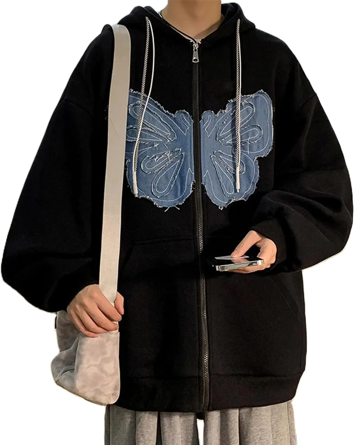 KMBANGI Women Y2K Zip Up Hoodies Butterfly Graphic Print Oversized Sweatshirt Grunge Aesthetic Casual Jacket