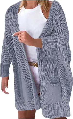 Knit Crochet Sweater Cardigan for Women Open Front Solid Long Sleeve Outwear with Pockets 2024 Winter