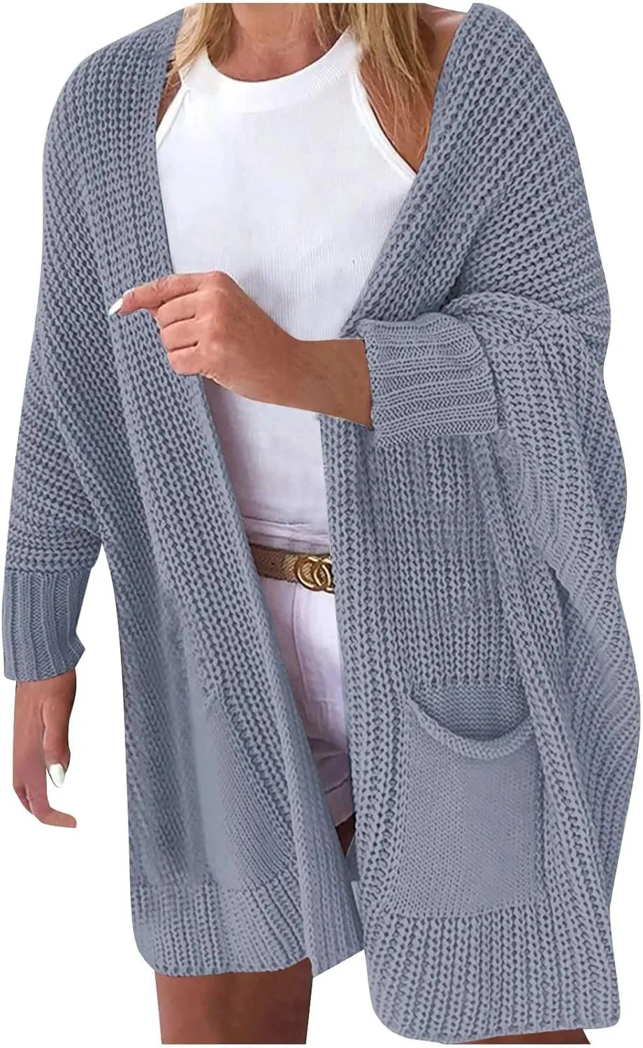Knit Crochet Sweater Cardigan for Women Open Front Solid Long Sleeve Outwear with Pockets 2024 Winter