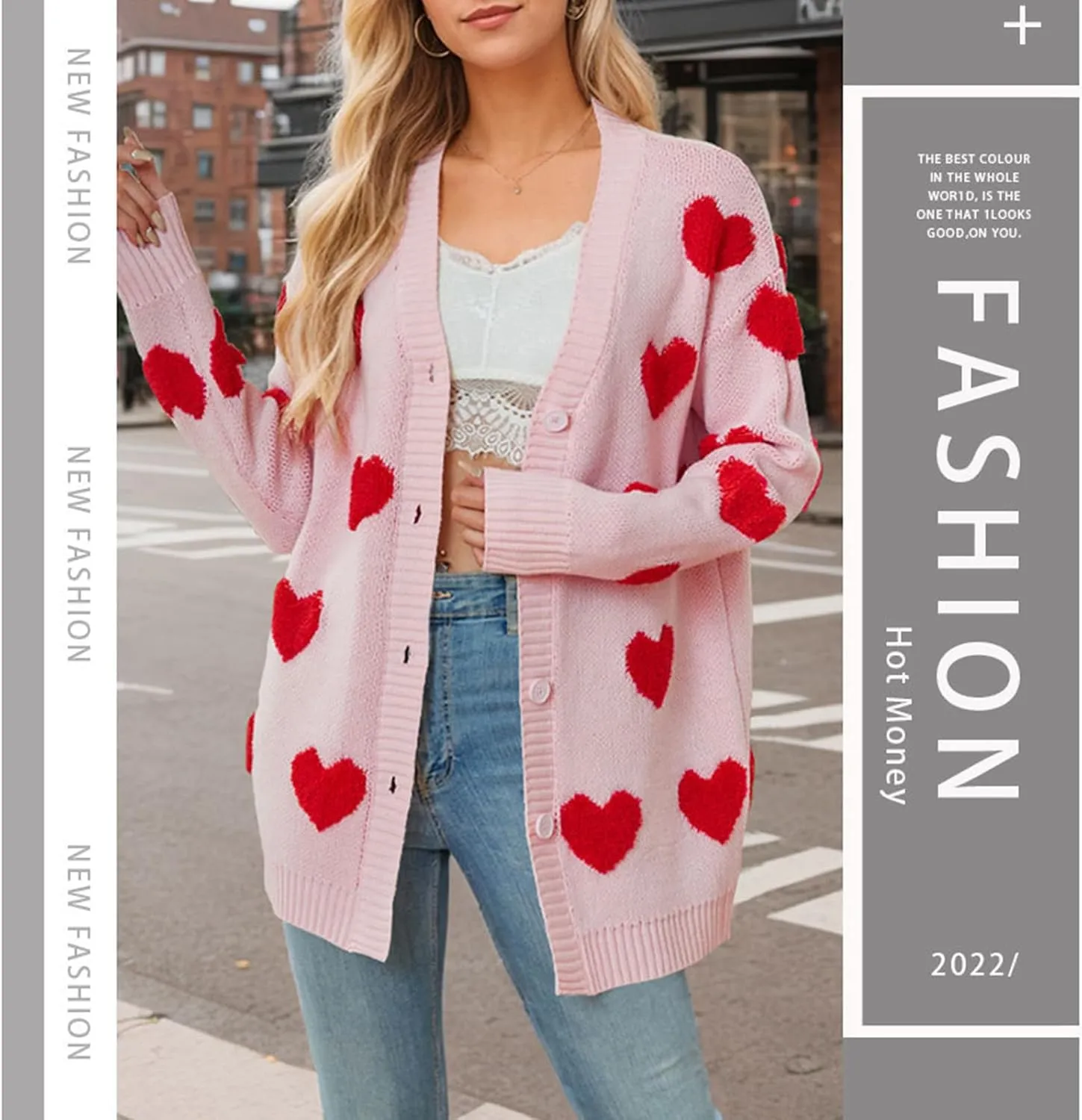 Knitted Long Cardigan Heart Pattern Valentines Sweater Coat for Women Long Sleeve Button Down Casual Loose Outerwear
