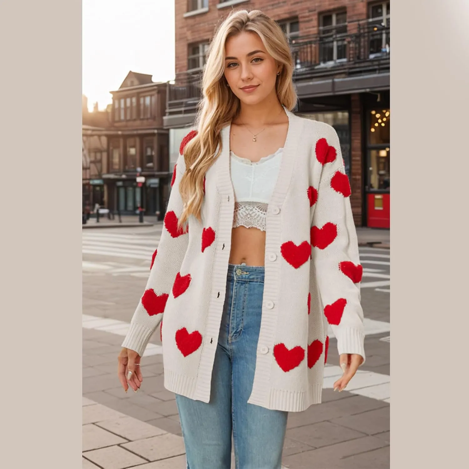 Knitted Long Cardigan Heart Pattern Valentines Sweater Coat for Women Long Sleeve Button Down Casual Loose Outerwear