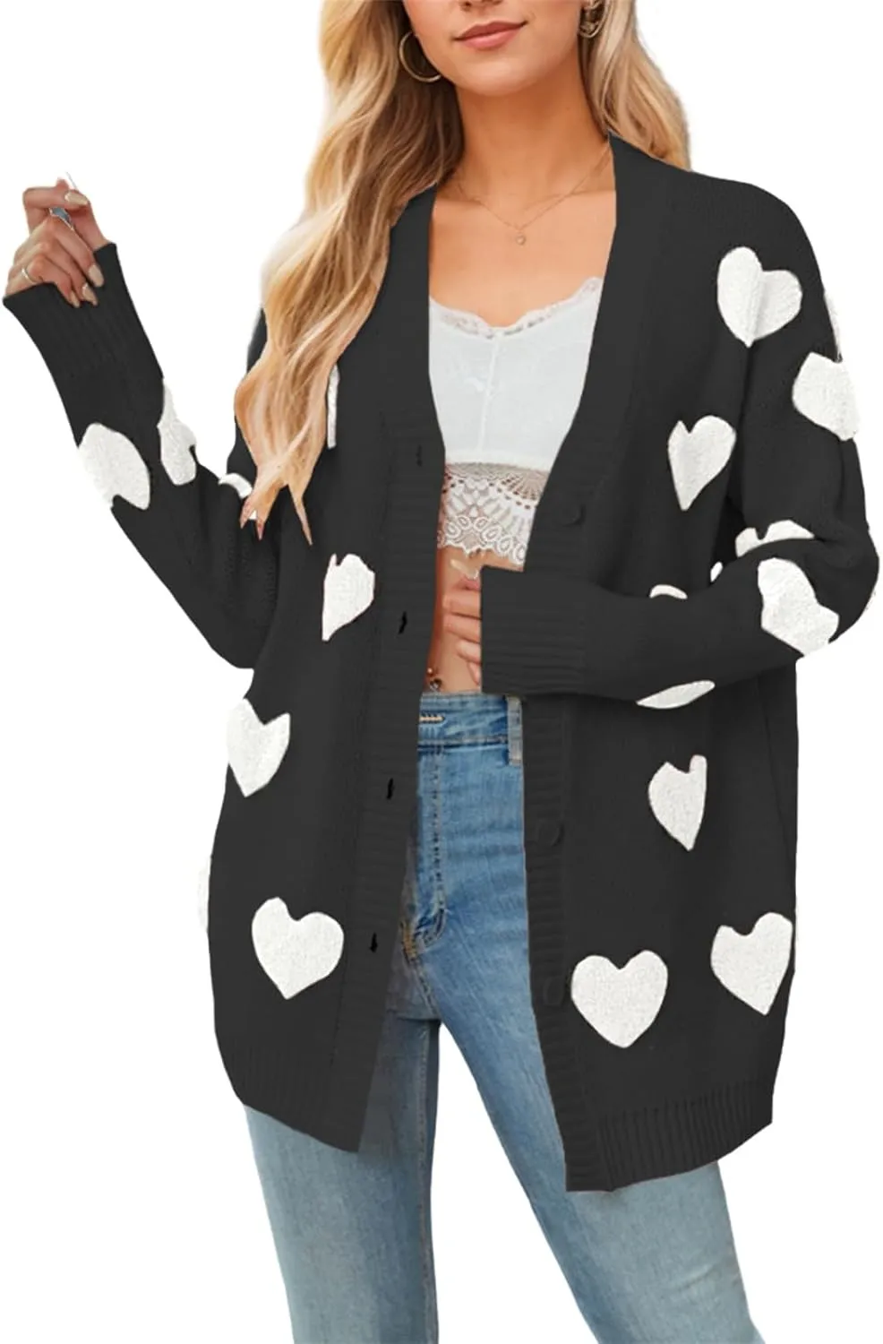 Knitted Long Cardigan Heart Pattern Valentines Sweater Coat for Women Long Sleeve Button Down Casual Loose Outerwear