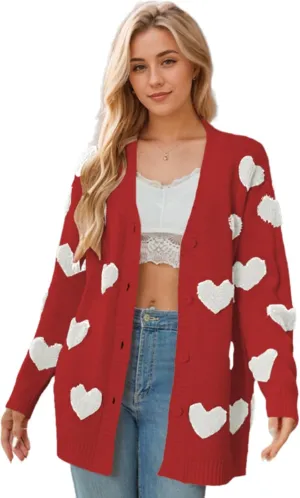 Knitted Long Cardigan Heart Pattern Valentines Sweater Coat for Women Long Sleeve Button Down Casual Loose Outerwear