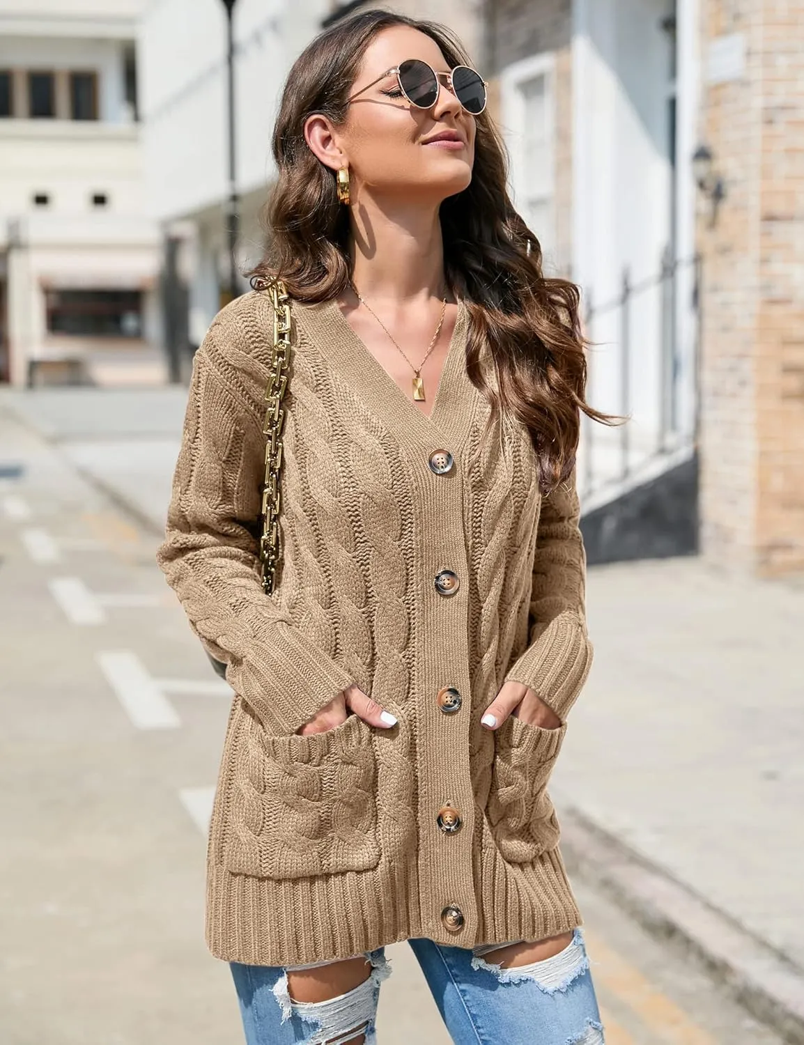 KOJOOIN Women's Casual Button Down Cardigan Sweaters Chunky Long Sleeve Cable Knit Outerwear Coat with Pocket