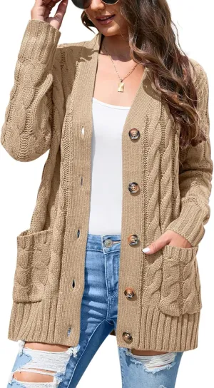 KOJOOIN Women's Casual Button Down Cardigan Sweaters Chunky Long Sleeve Cable Knit Outerwear Coat with Pocket