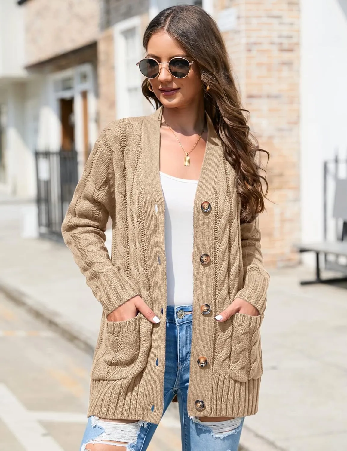 KOJOOIN Women's Casual Button Down Cardigan Sweaters Chunky Long Sleeve Cable Knit Outerwear Coat with Pocket