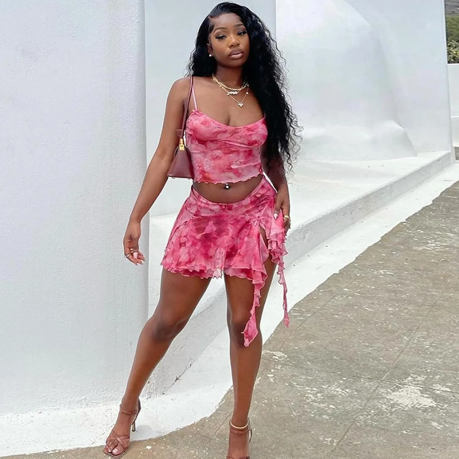 ksotutm Womens Two Piece Outfits Floral Print Camisole Crop Tops with Split Skirt Outfits