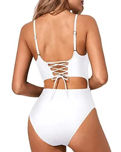 Lace Up Adjustable Sexy Cutout One Piece Swimsuits-White