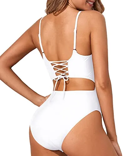 Lace Up Adjustable Sexy Cutout One Piece Swimsuits-White