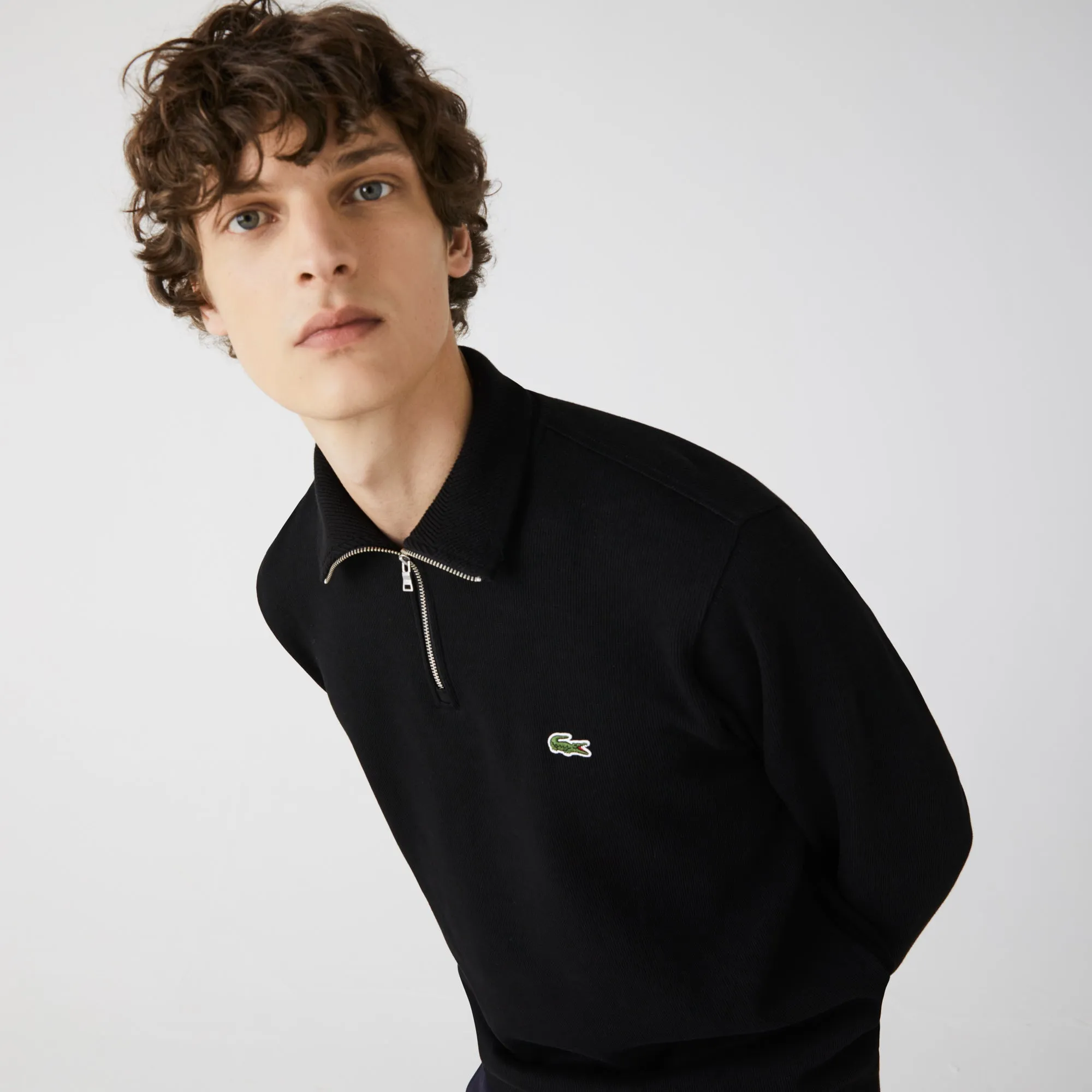 Lacoste Mens Zippered Stand-Up Collar Cotton Sweatshirt Black SH1927 031
