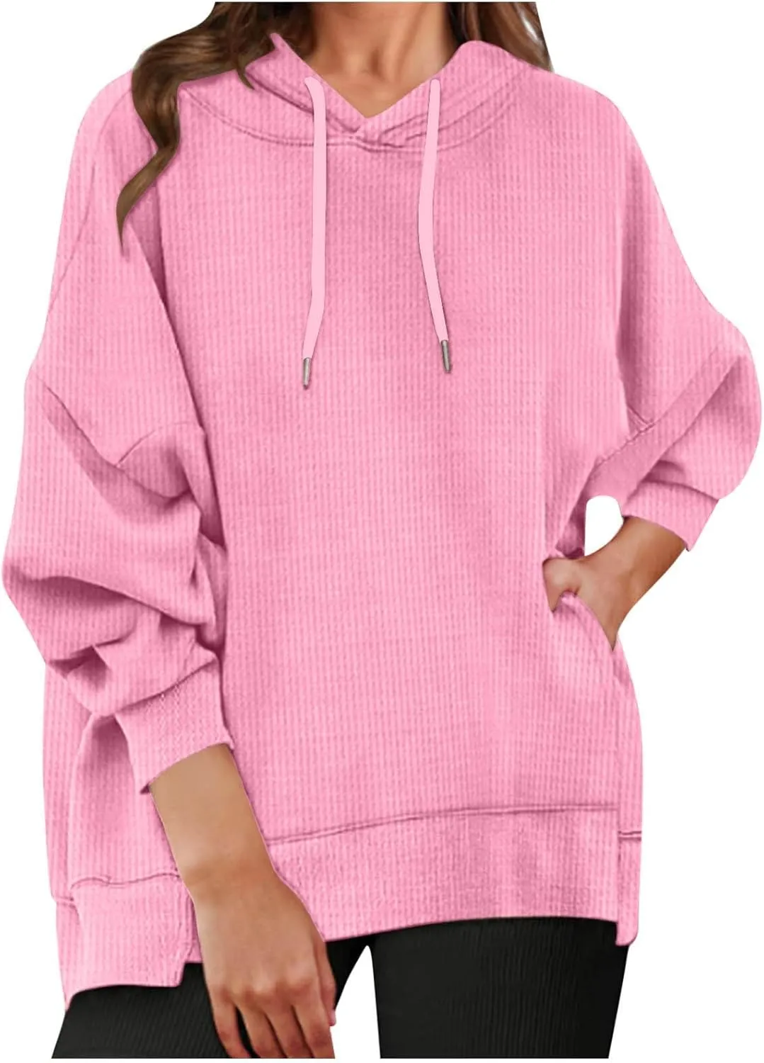 Ladies Oversized Hoodies Casual Long Sleeve Drawstring Waffle Pullover Tops Preppy Sweatshirt Fall Trendy Clothes