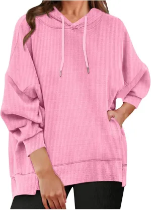 Ladies Oversized Hoodies Casual Long Sleeve Drawstring Waffle Pullover Tops Preppy Sweatshirt Fall Trendy Clothes