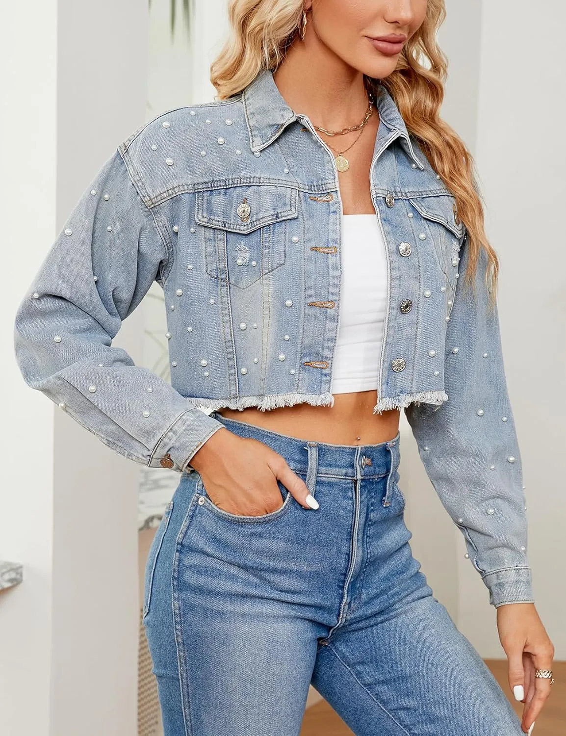 Ladyful Women's Lapel Denim Jacket 3/4 Sleeve Button Down Trucker Moto Jean Coat Outerwear