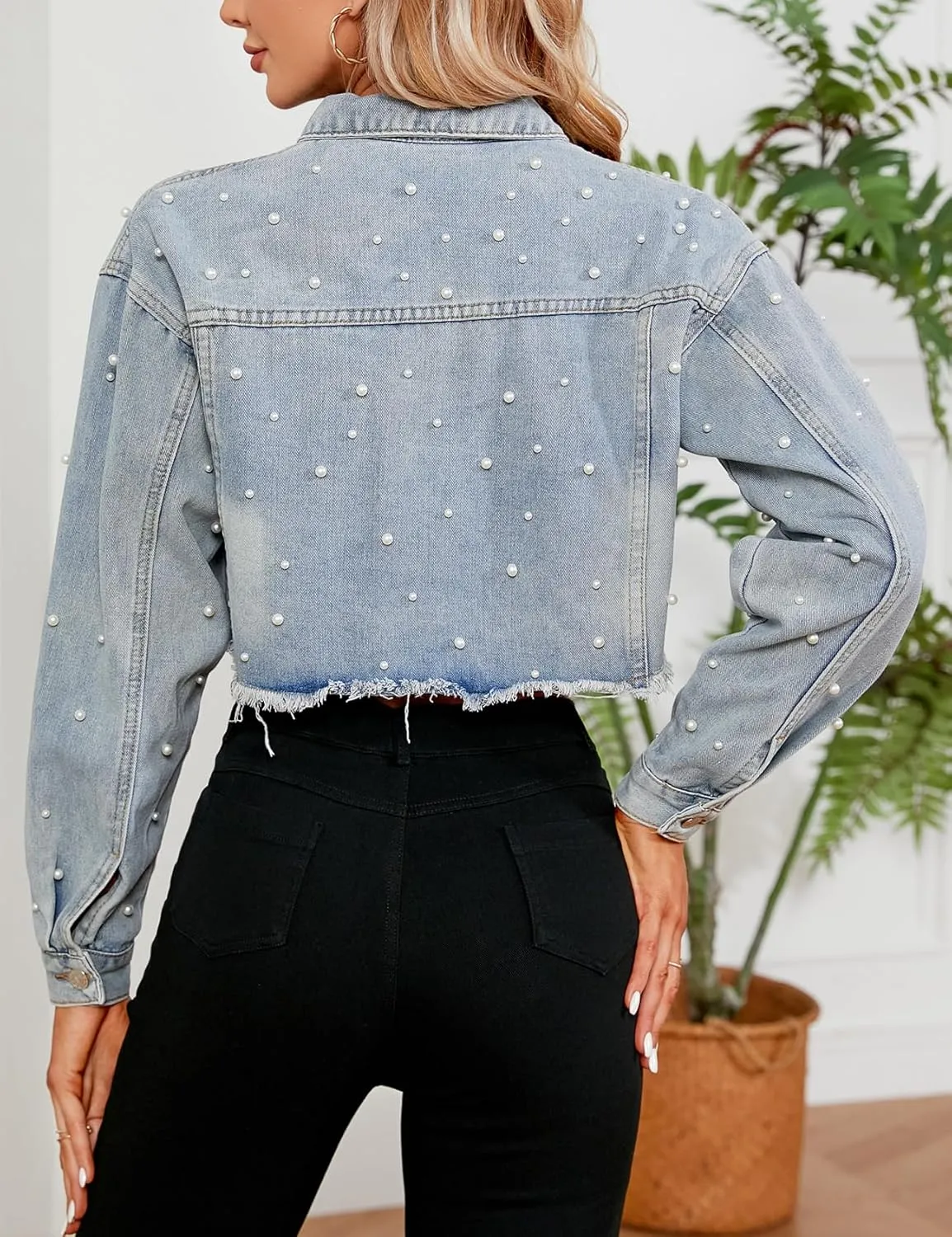 Ladyful Women's Lapel Denim Jacket 3/4 Sleeve Button Down Trucker Moto Jean Coat Outerwear