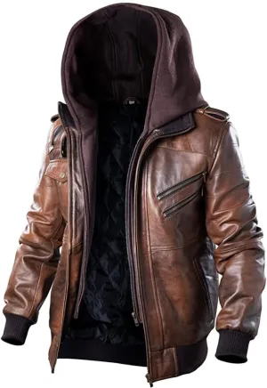 Lambskin Leather Motorcycle Jacket for Men - Genuine Leather Bomber Jacket with Removable Hood - US Sizes XXS-3XL