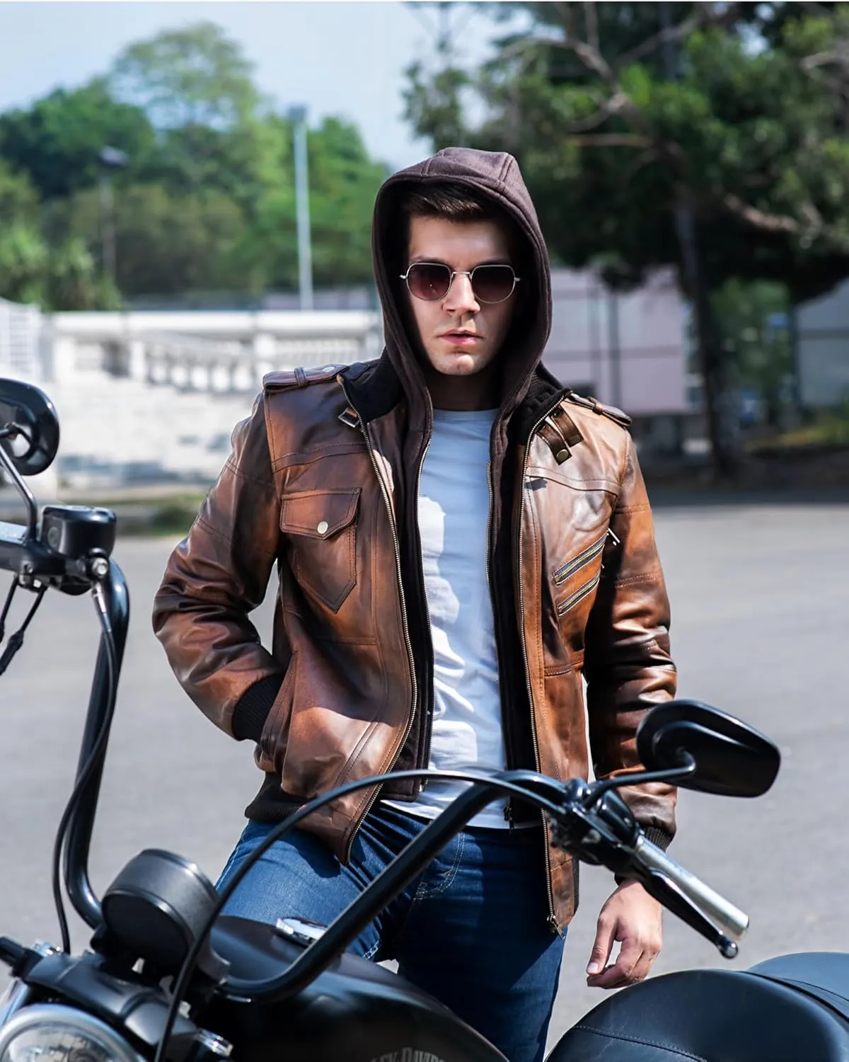 Lambskin Leather Motorcycle Jacket for Men - Genuine Leather Bomber Jacket with Removable Hood - US Sizes XXS-3XL