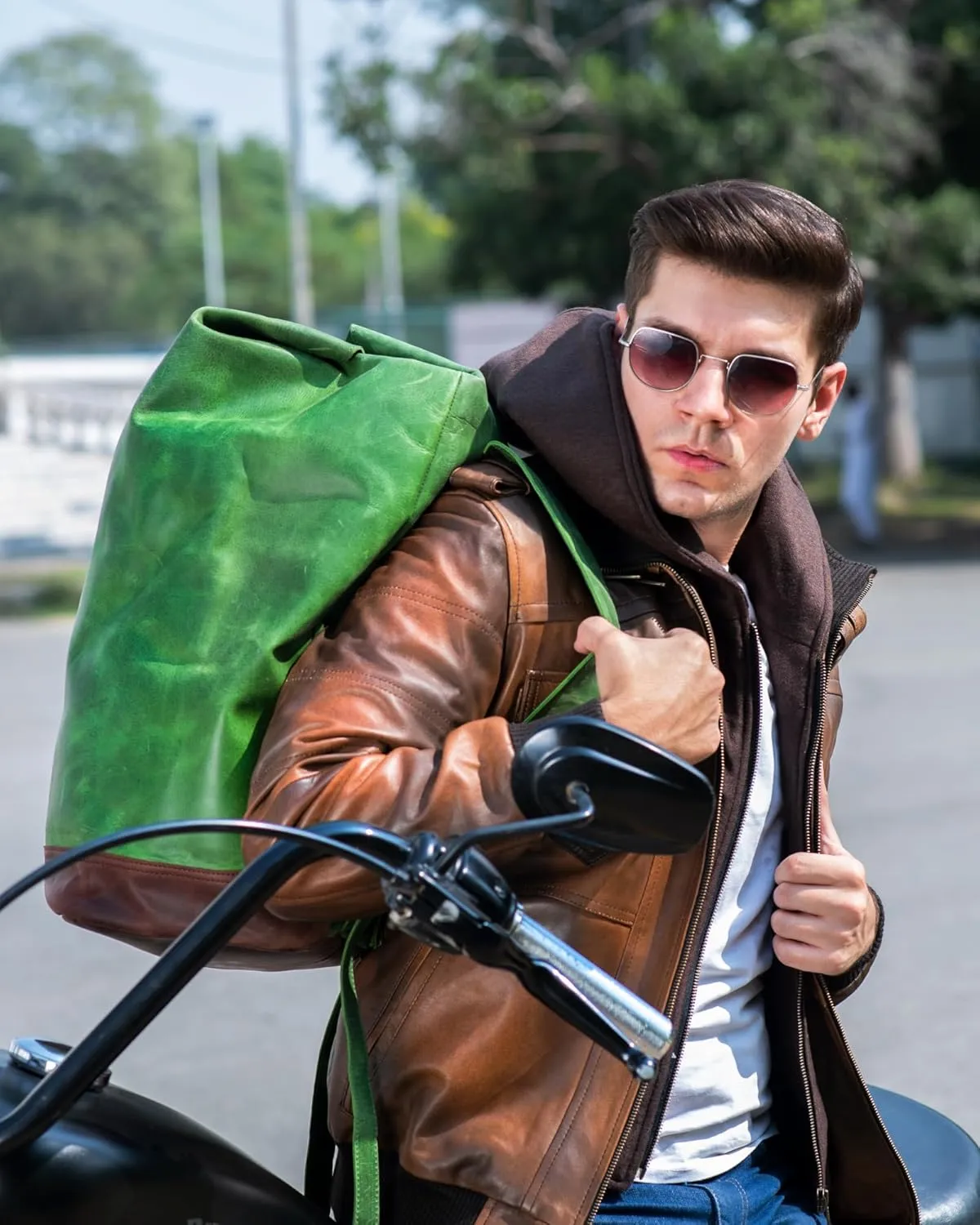 Lambskin Leather Motorcycle Jacket for Men - Genuine Leather Bomber Jacket with Removable Hood - US Sizes XXS-3XL