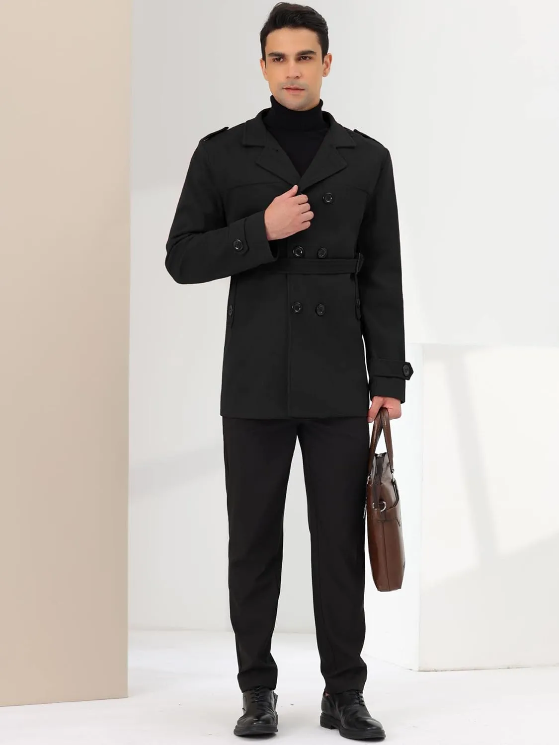 Lars Amadeus Men's Pea Coat Slim Fit Notch Lapel Double Breasted Trench Coat with Belt