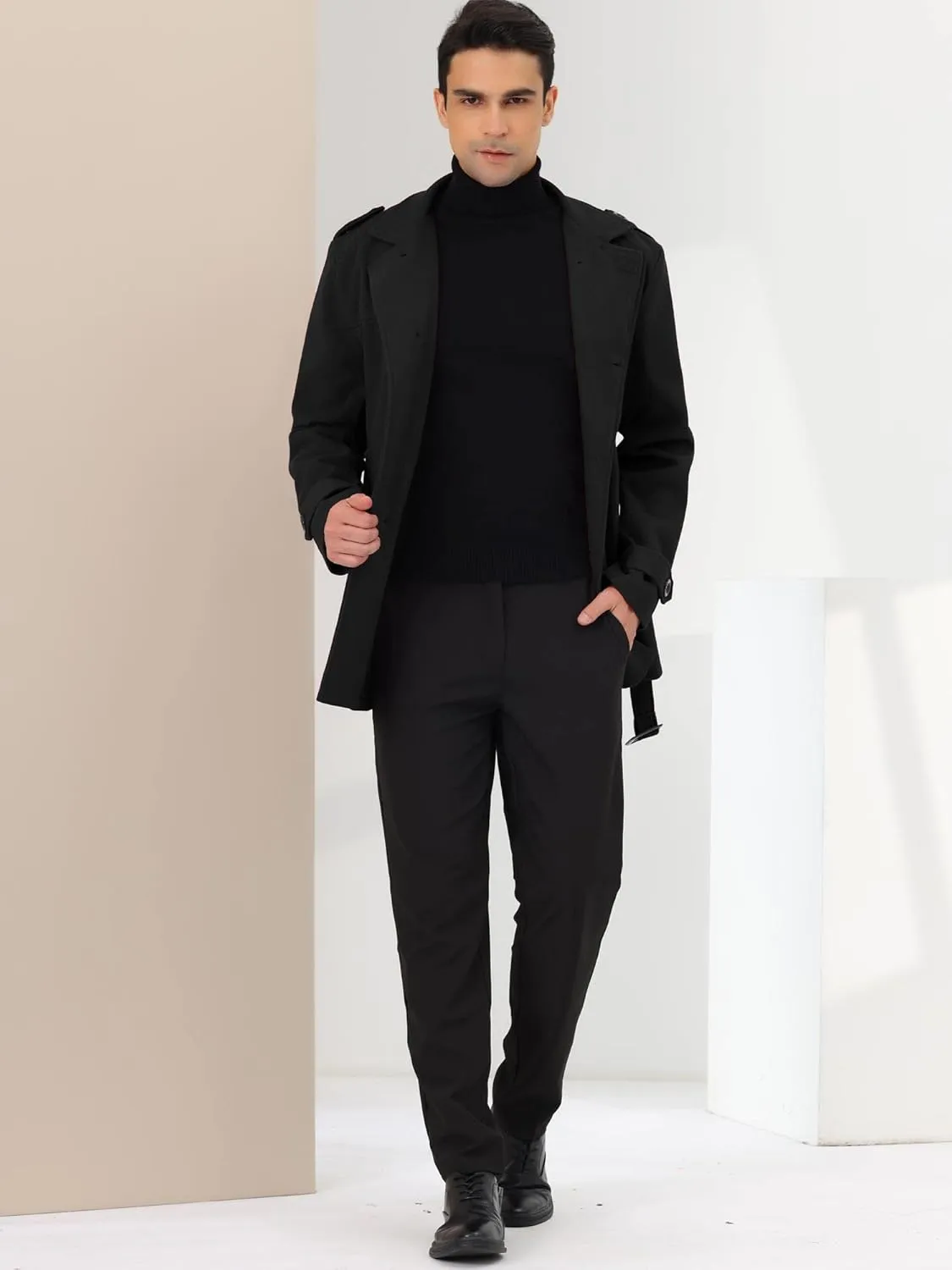 Lars Amadeus Men's Pea Coat Slim Fit Notch Lapel Double Breasted Trench Coat with Belt