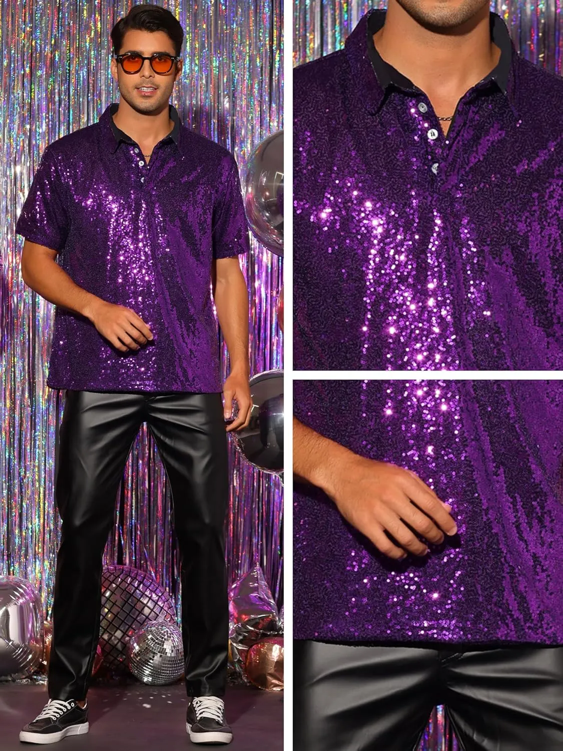 Lars Amadeus Sequin Polo for Men's Sparkle Short Sleeves Club Party Shiny Golf Shirts