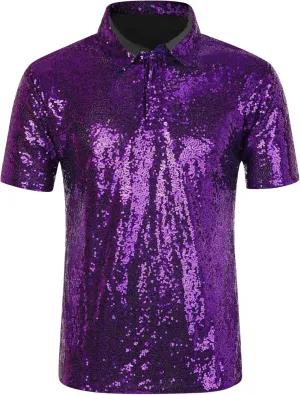 Lars Amadeus Sequin Polo for Men's Sparkle Short Sleeves Club Party Shiny Golf Shirts