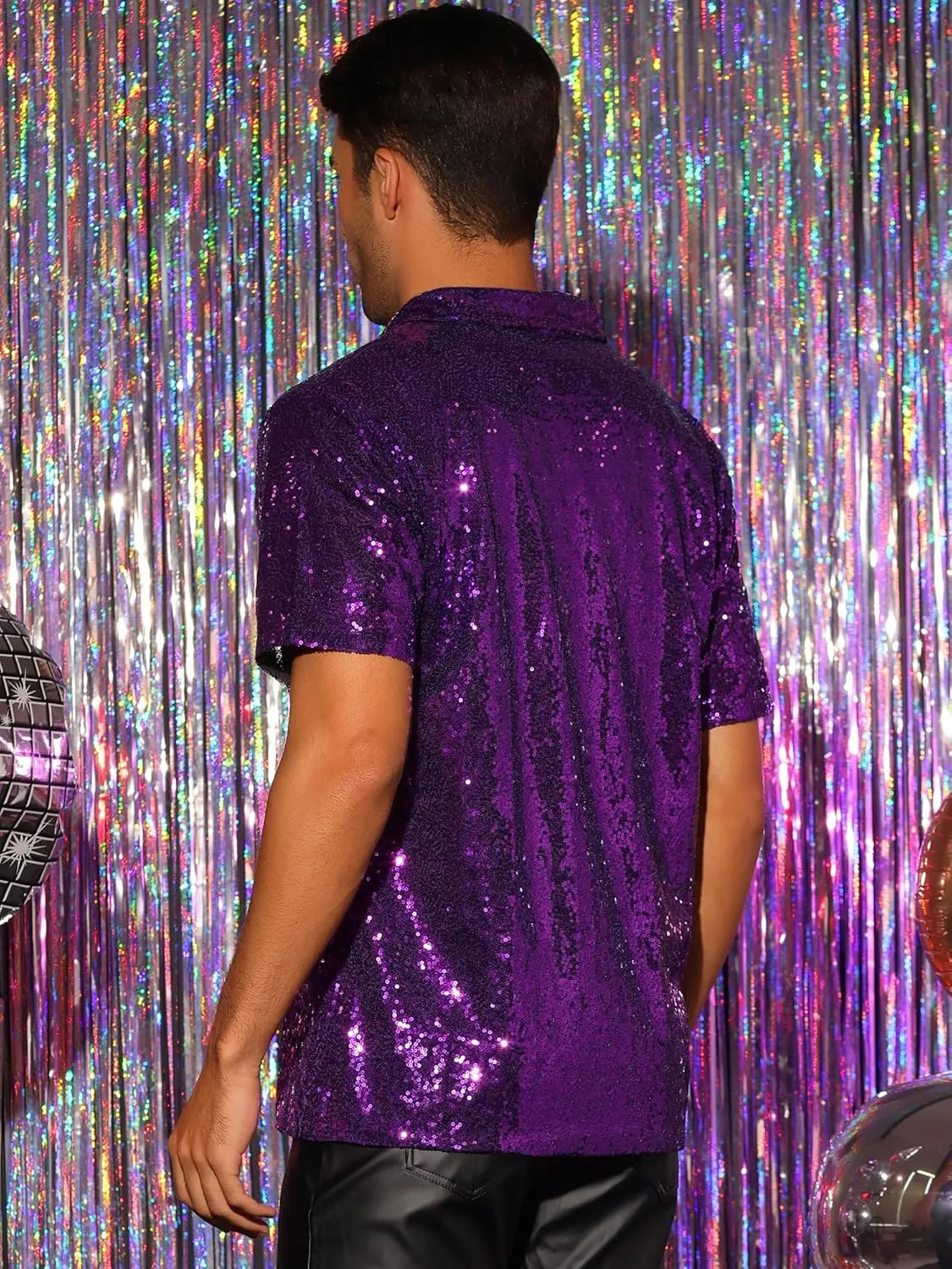 Lars Amadeus Sequin Polo for Men's Sparkle Short Sleeves Club Party Shiny Golf Shirts