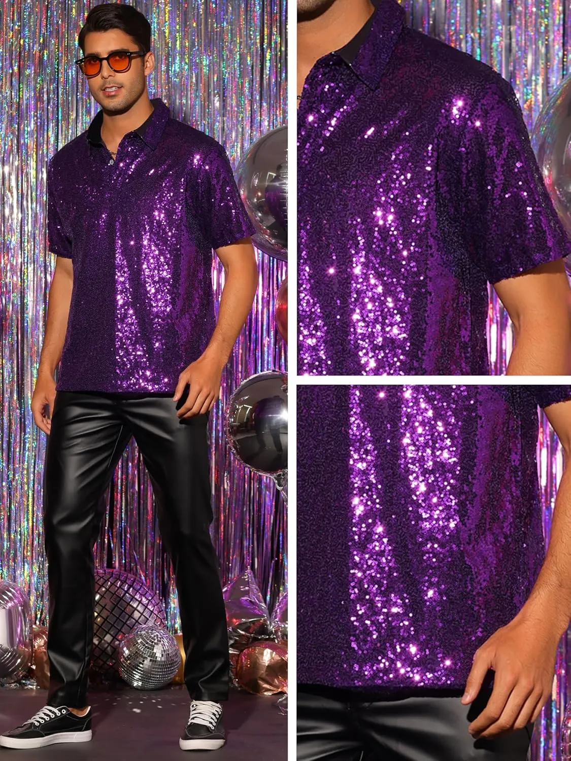 Lars Amadeus Sequin Polo for Men's Sparkle Short Sleeves Club Party Shiny Golf Shirts
