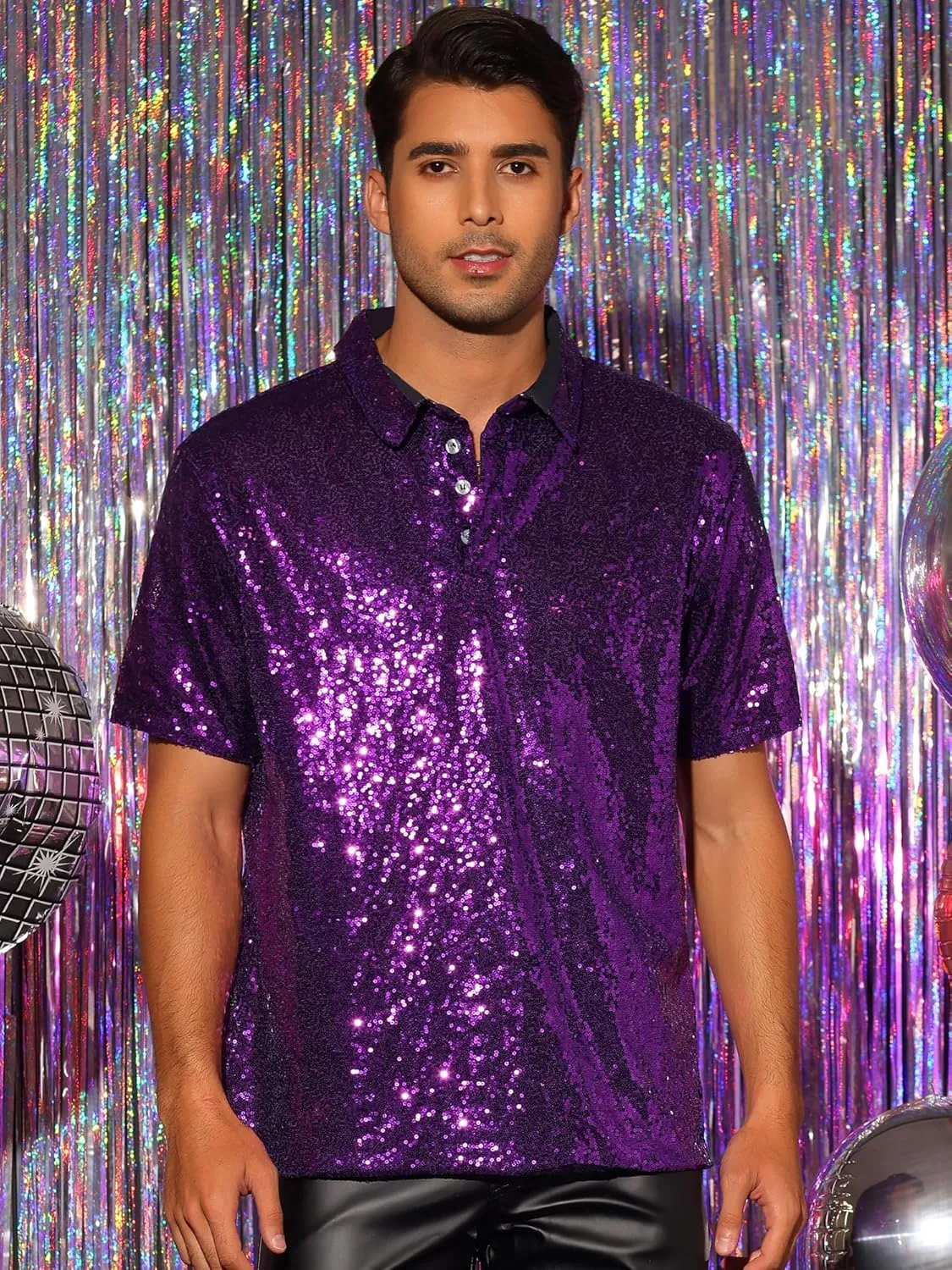 Lars Amadeus Sequin Polo for Men's Sparkle Short Sleeves Club Party Shiny Golf Shirts