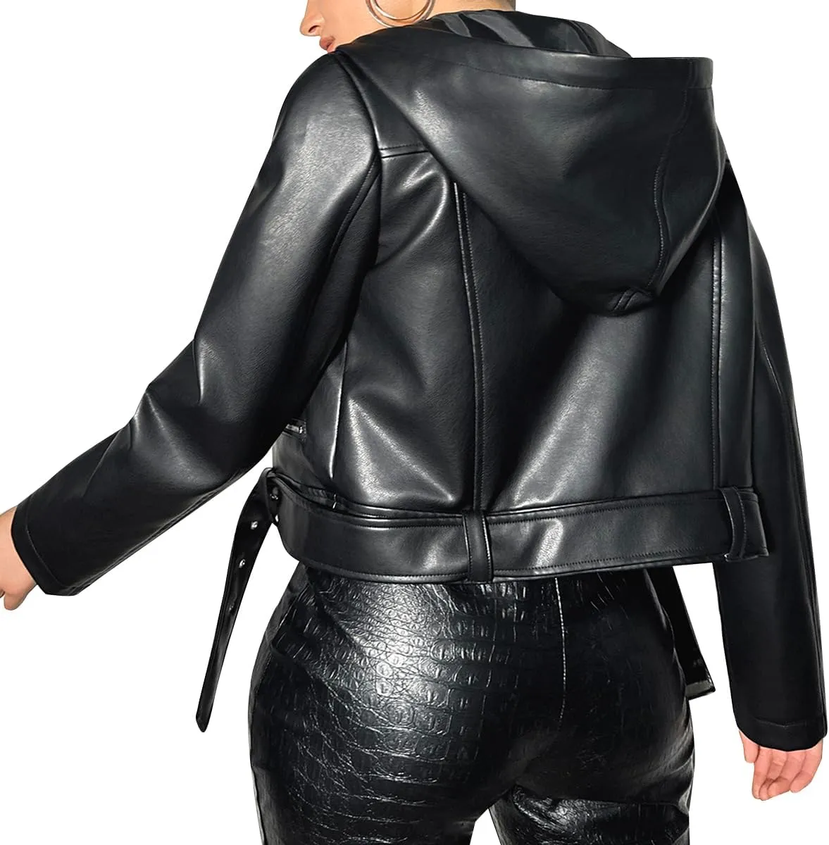 Leather Jacket Women Moto Biker Hoodies Zip Up Jacket Open Front Coat Outwear with Belt