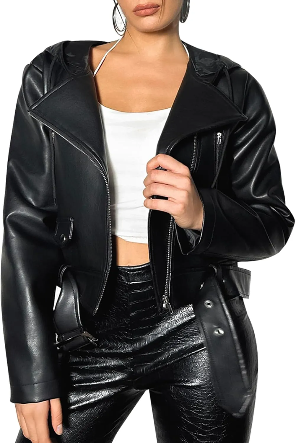 Leather Jacket Women Moto Biker Hoodies Zip Up Jacket Open Front Coat Outwear with Belt