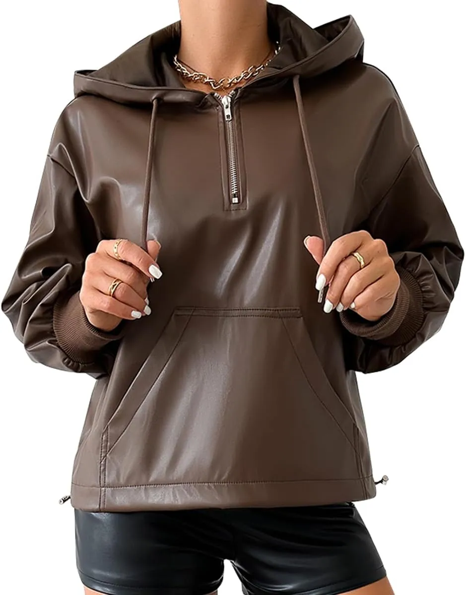 Leather Jacket Women Oversized Hoodies Jacket Moto Biker Zip Up Open Front Coat Outwear