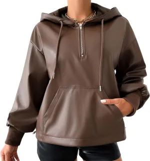 Leather Jacket Women Oversized Hoodies Jacket Moto Biker Zip Up Open Front Coat Outwear