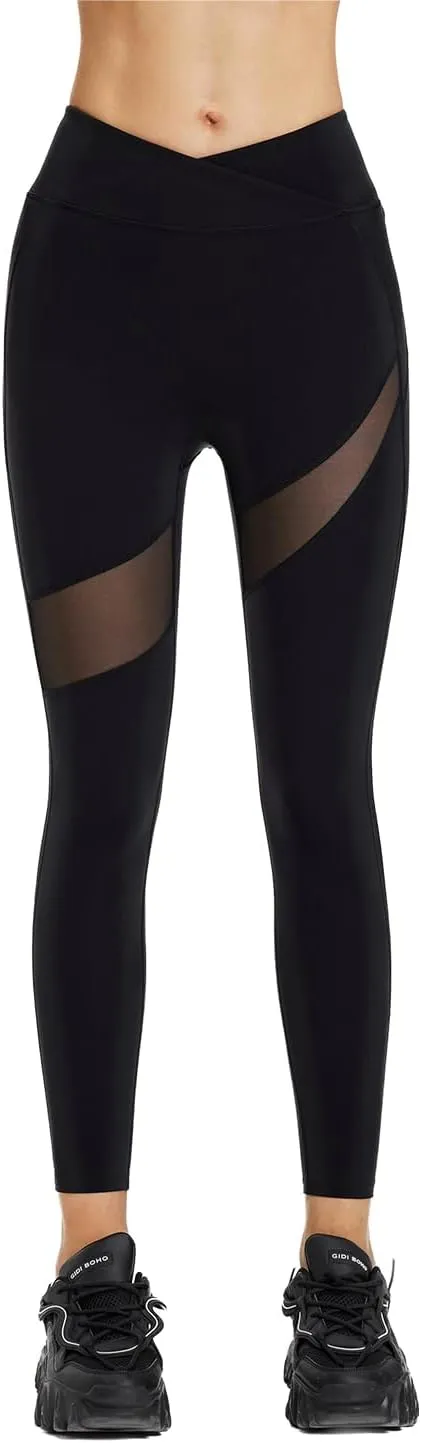 Leggings for Women with Crossover High Waist,Tummy Control Workout Soft Yoga Pants with Pockets