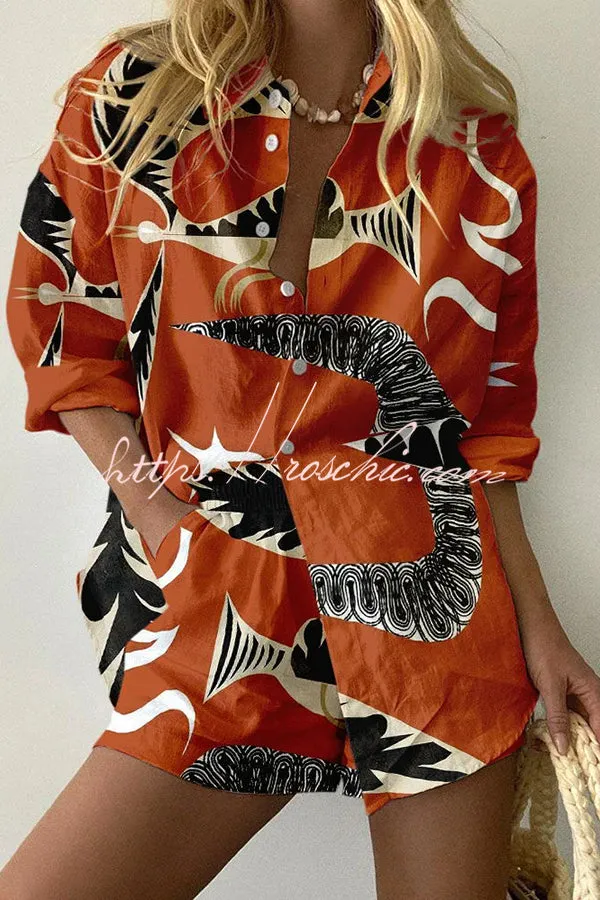 Liberty Bird Print Button Pocket Stretch Waist Shorts Set