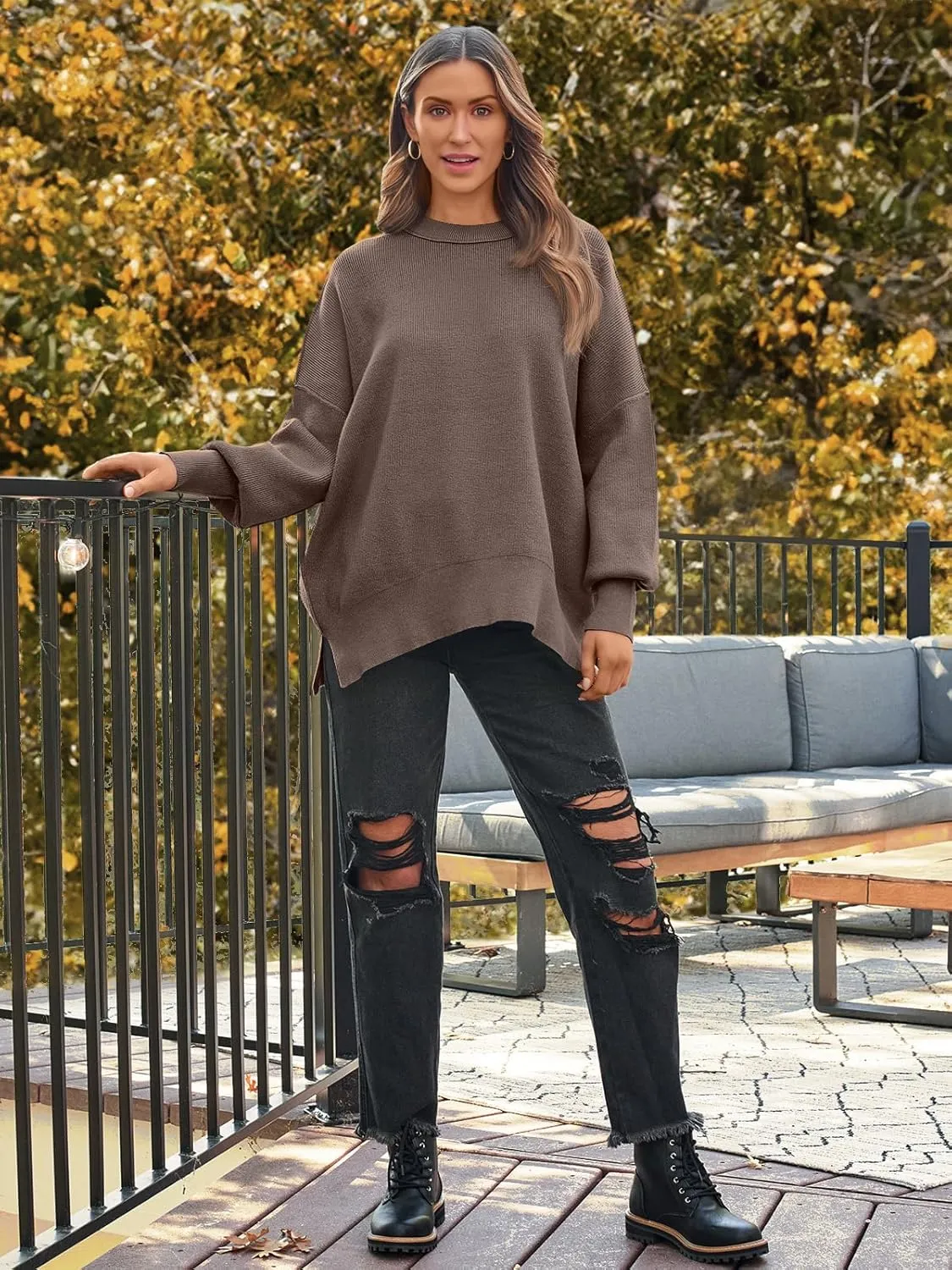 LILLUSORY Women's Oversized Batwing Sweaters 2025 Fall Outfits Trendy Crewneck Knit Side Slit Fashion Pullover Tops