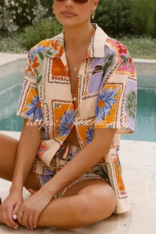 Linen Blend Unique Print Casual Short Sleeve Shirt and Elastic Waist Pocket Shorts Set
