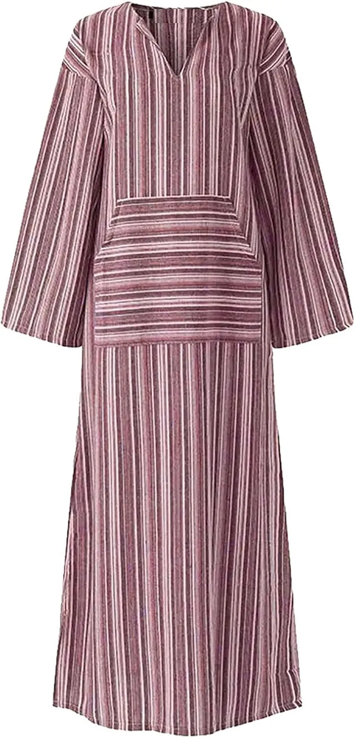 Linen Dresses for Women Loose Casual Plus Size Long Sleeve Printed Maxi Dresses Ankle Length Dresses with Pockets