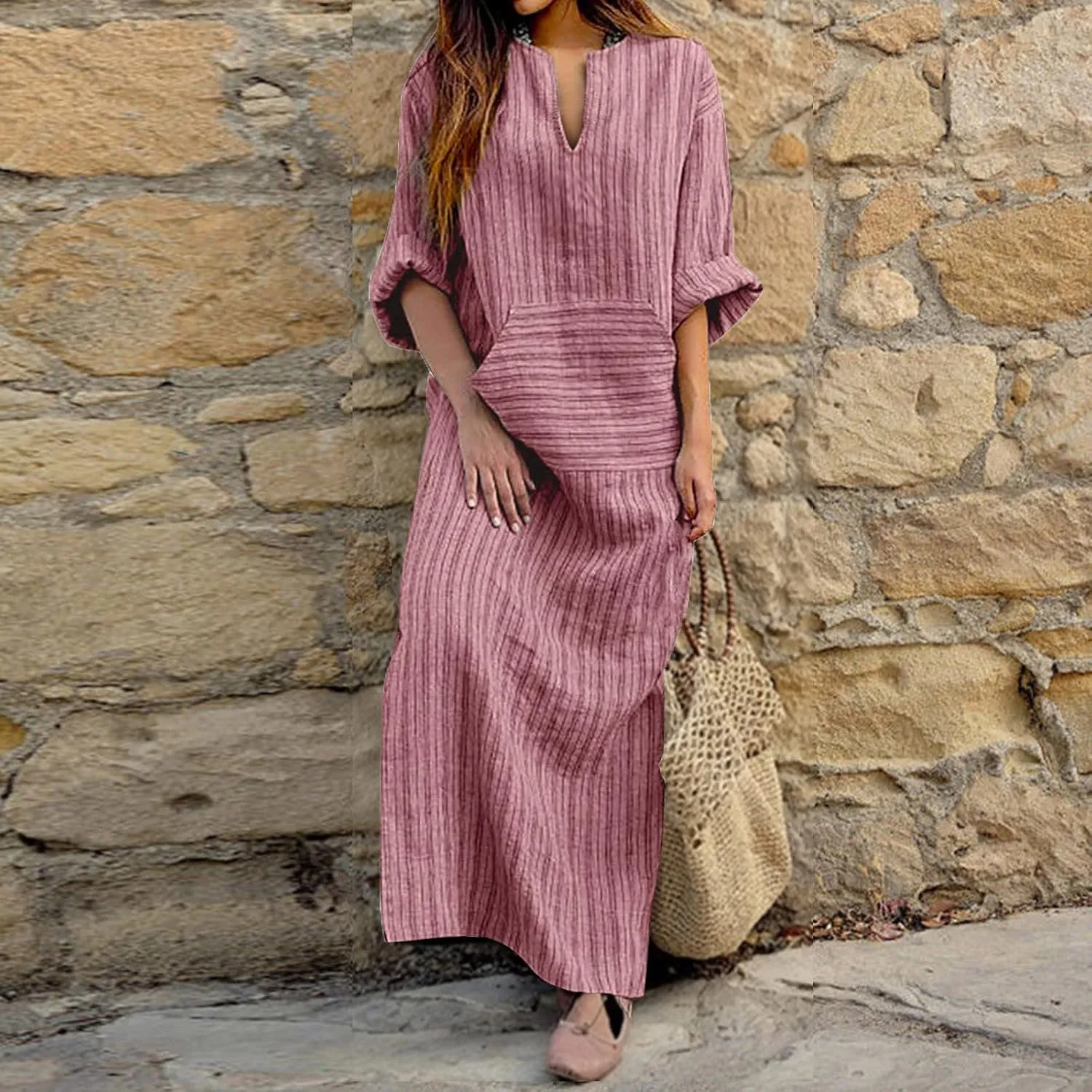 Linen Dresses for Women Loose Casual Plus Size Long Sleeve Printed Maxi Dresses Ankle Length Dresses with Pockets