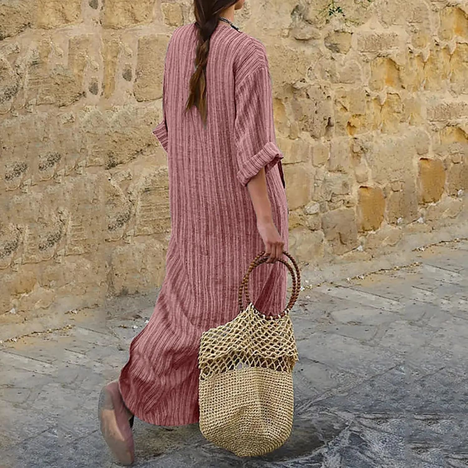 Linen Dresses for Women Loose Casual Plus Size Long Sleeve Printed Maxi Dresses Ankle Length Dresses with Pockets