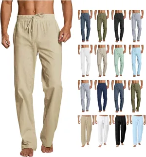 Linen Pants Men Big Tall Casual Cotton Yoga Pants with Pockets Drawstring Elastic Waist Straight-Leg Lightweight Trousers