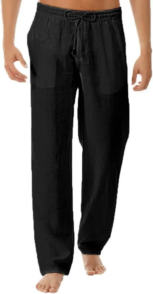 Linen Pants Men Big Tall Casual Cotton Yoga Pants with Pockets Drawstring Elastic Waist Straight-Leg Lightweight Trousers