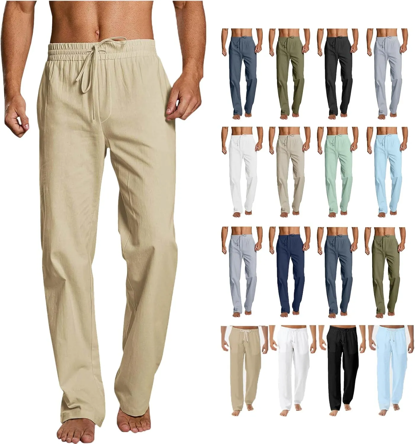 Linen Pants Men Big Tall Casual Cotton Yoga Pants with Pockets Drawstring Elastic Waist Straight-Leg Lightweight Trousers