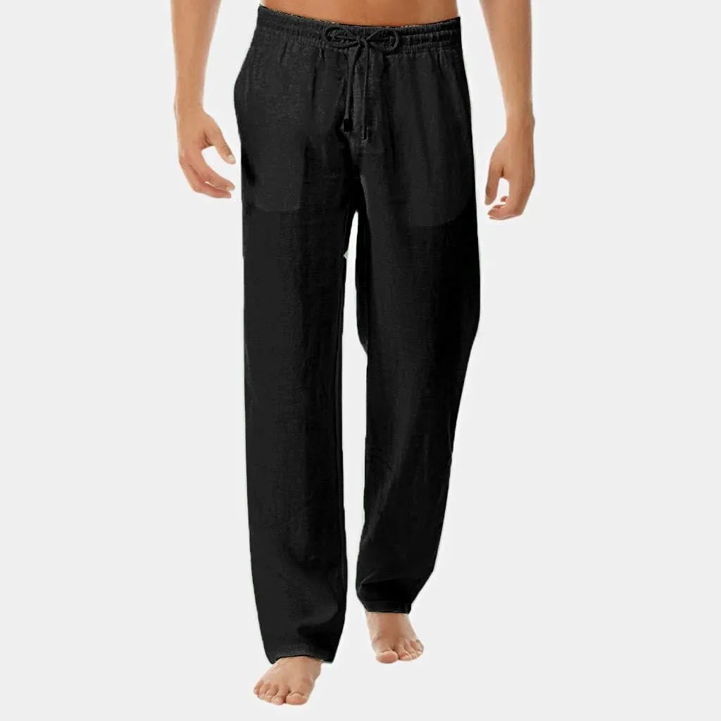 Linen Pants Men Big Tall Casual Cotton Yoga Pants with Pockets Drawstring Elastic Waist Straight-Leg Lightweight Trousers